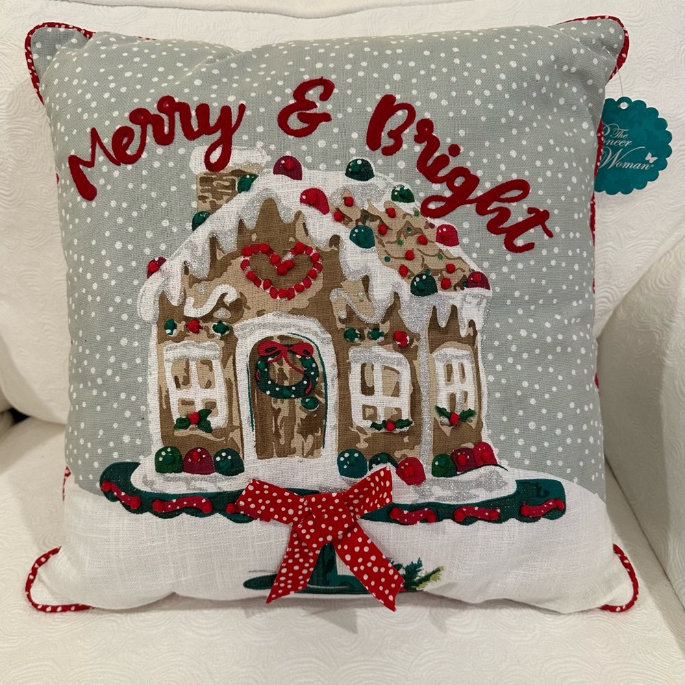 Merry & Bright decorative pillow, 18” x 18”, Pioneer Woman, Gingerbread house